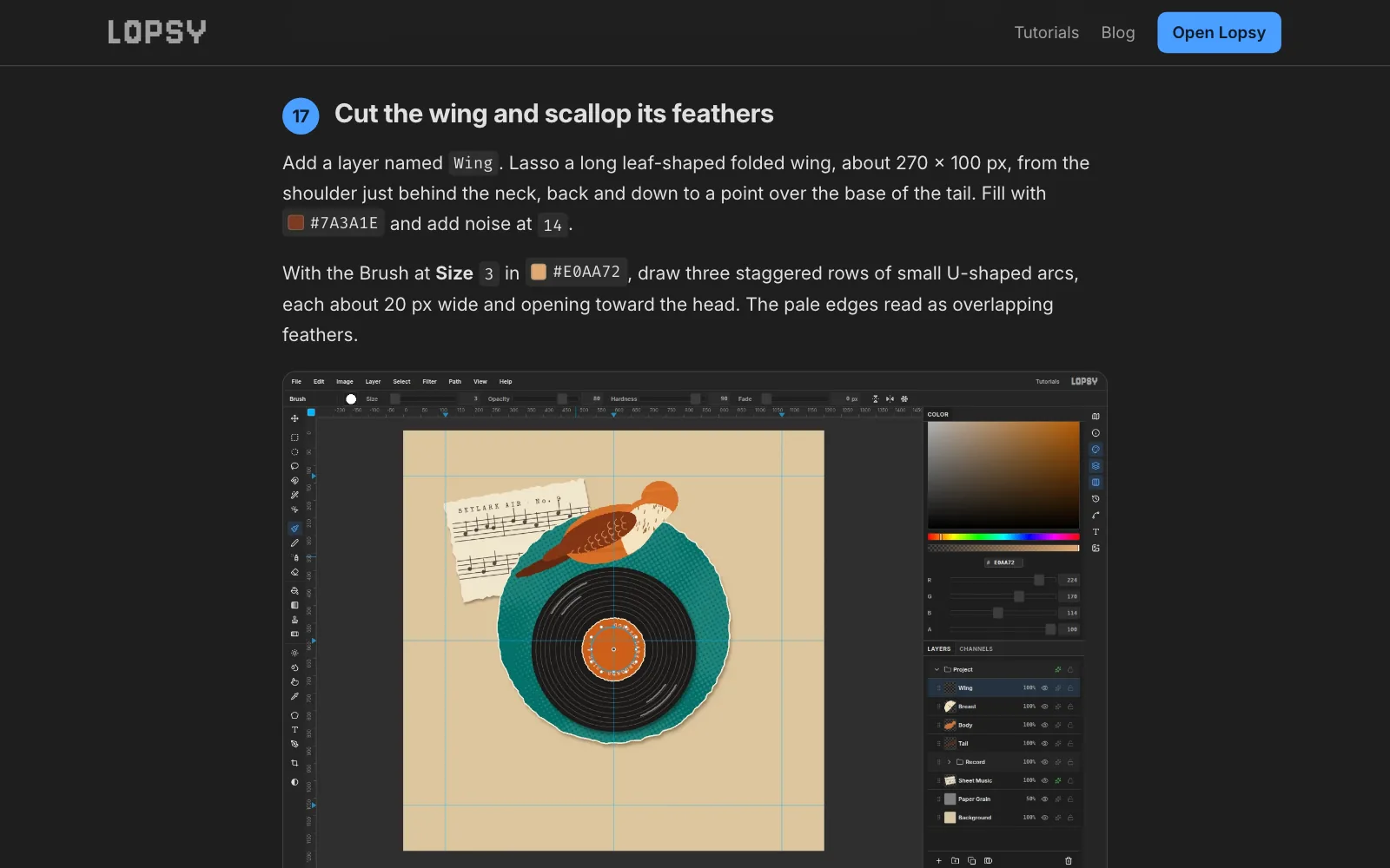 A step from the Copper Lark Records tutorial on lopsy.art: instructions for cutting the lark’s wing and scalloping its feathers with exact sizes and colours, above a screenshot of the half-built lark perched on a vinyl record in Lopsy