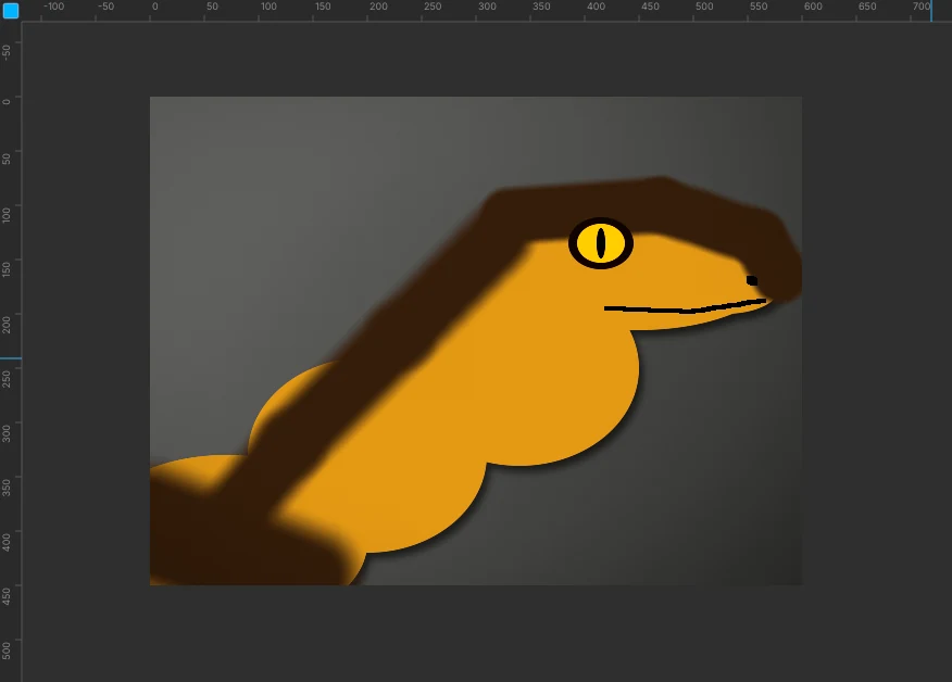 An early attempt at a velociraptor in Lopsy: a mustard-yellow blob of overlapping circles with a yellow slit-pupil eye, a thin black mouth line and a thick, blurry brown stripe painted down its back