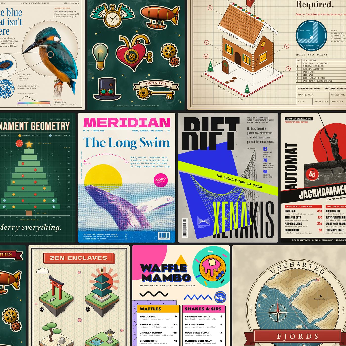 A collage of ten finished pieces Claude designed in Lopsy, including the Specimen magazine cover, a steampunk tattoo flash sheet, an exploded gingerbread-house drawing, the Uncharted Fjords map emblem and the Waffle Mambo menu