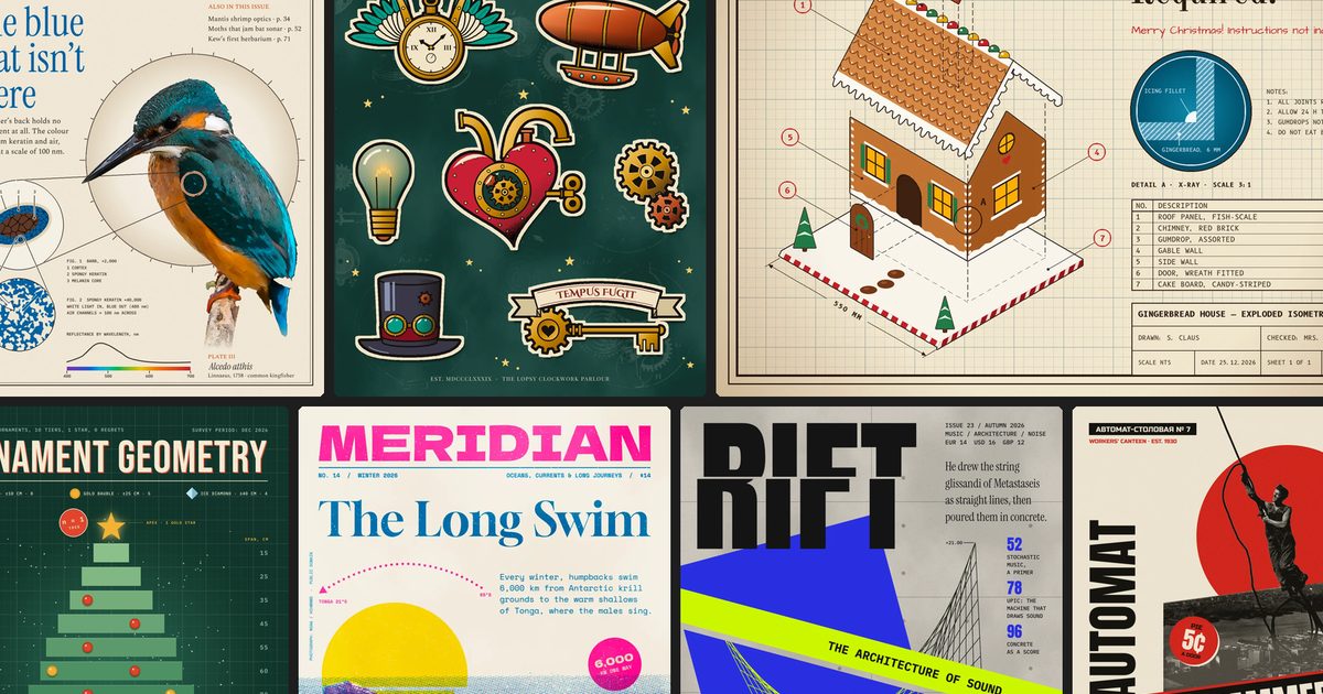 A wall of posters and covers Claude designed in Lopsy, including a kingfisher magazine cover, a steampunk tattoo flash sheet, an exploded gingerbread-house drawing, and the Meridian, Rift and Automat covers