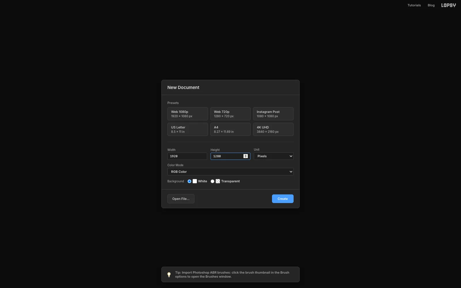 The New Document dialog set to 1920 by 1280 pixels