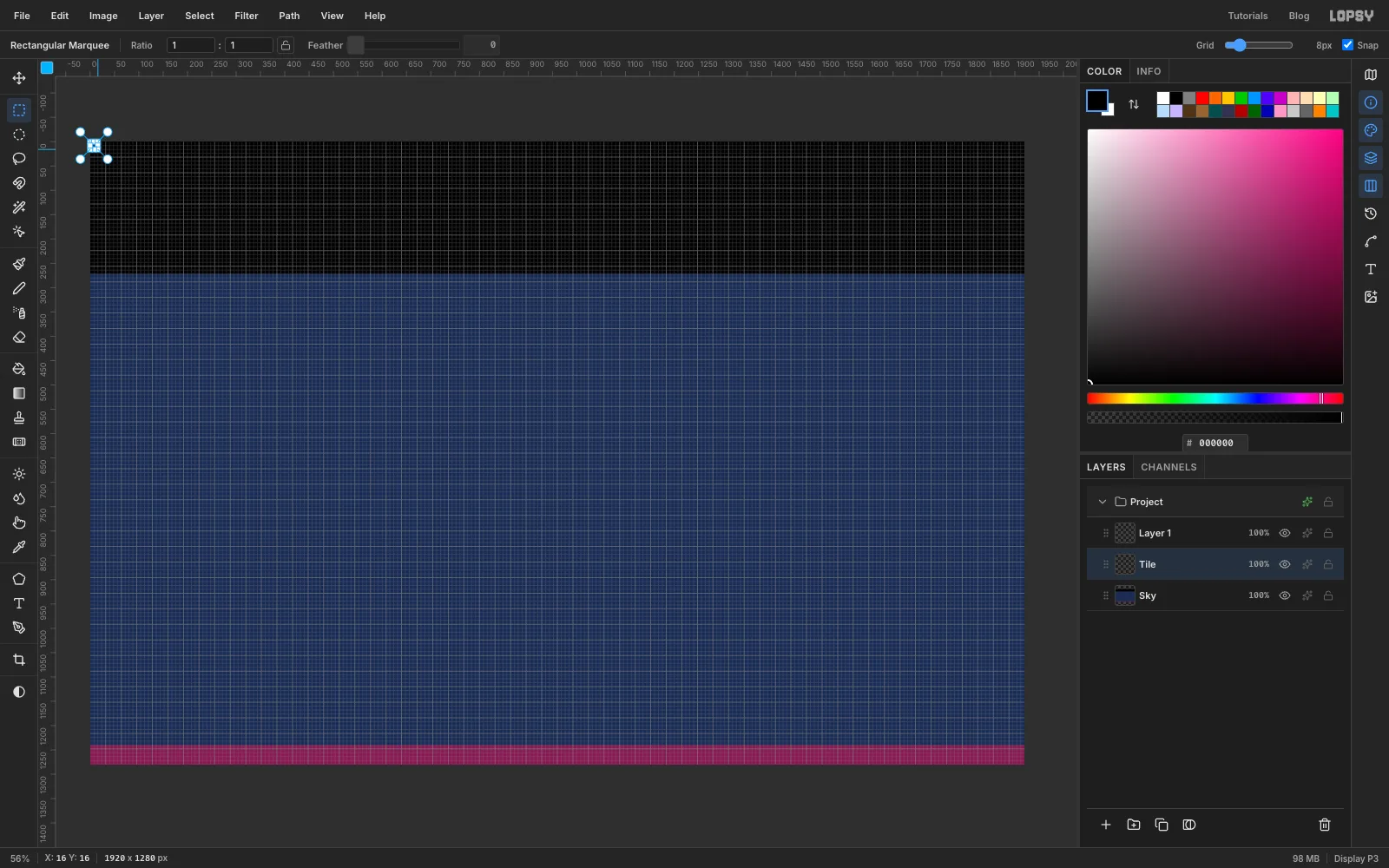 The sky canvas with a tiny two-cell checker tile and a 16 by 16 marquee in its top-left corner