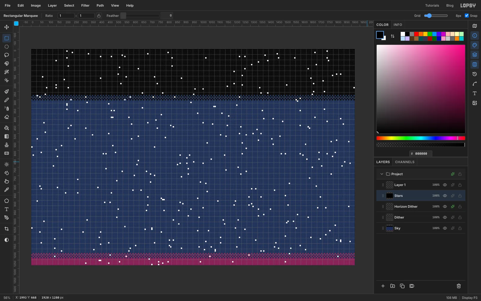 White single-cell stars scattered over the black and navy sky