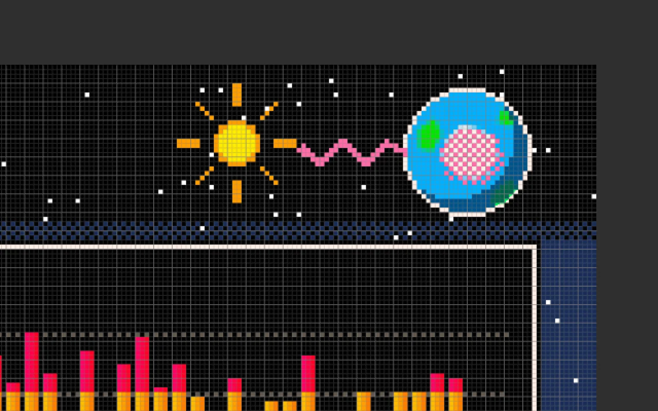 A pixel sun with orange rays, and a pink zig-zag running from its right ray to the Earth