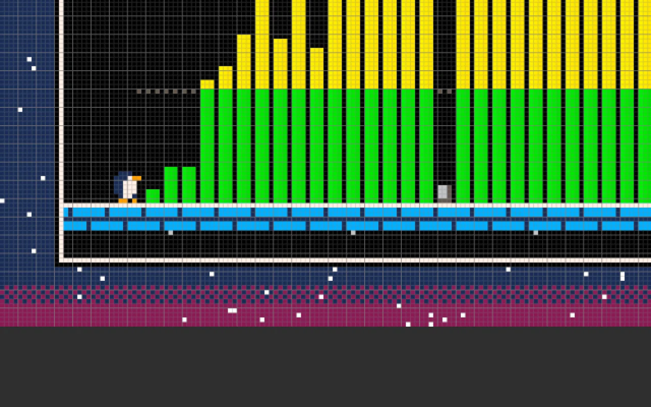 A pixel penguin, navy back, white belly, orange beak and feet, standing on the floor left of the first bar
