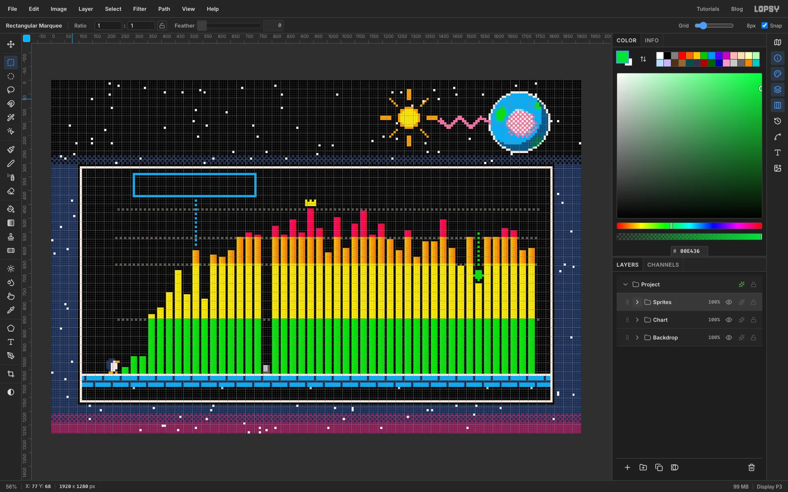 The chart with a blue dialog box and dotted leader over 1987, a yellow crown on the 2000 bar, a green arrow over 2019 and the penguin at the start