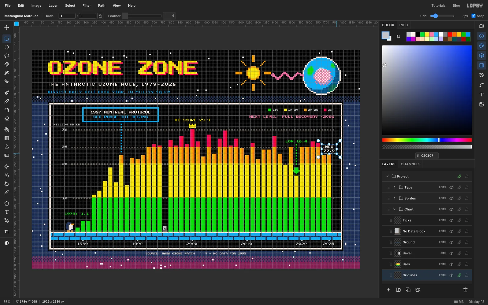 A marquee around the NOW 22.9 label on the Gridlines layer, where the dotted 25 line runs behind the letters