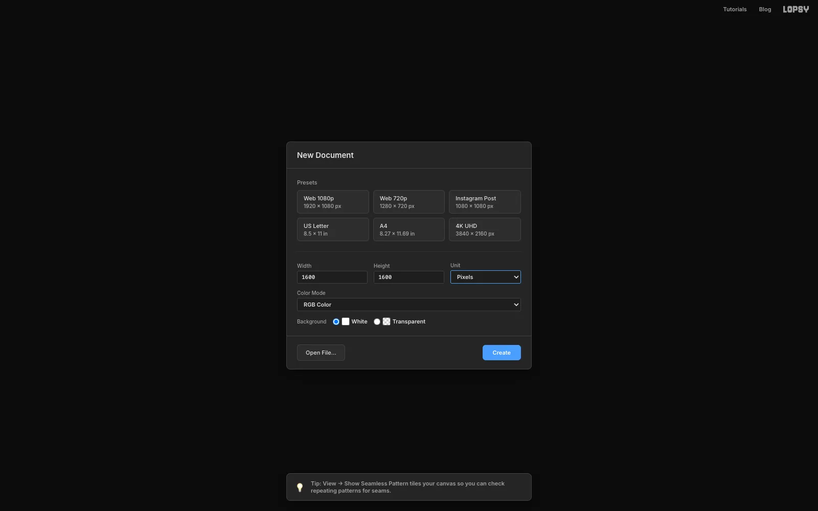 The New Document dialog with Width and Height both set to 1600 pixels