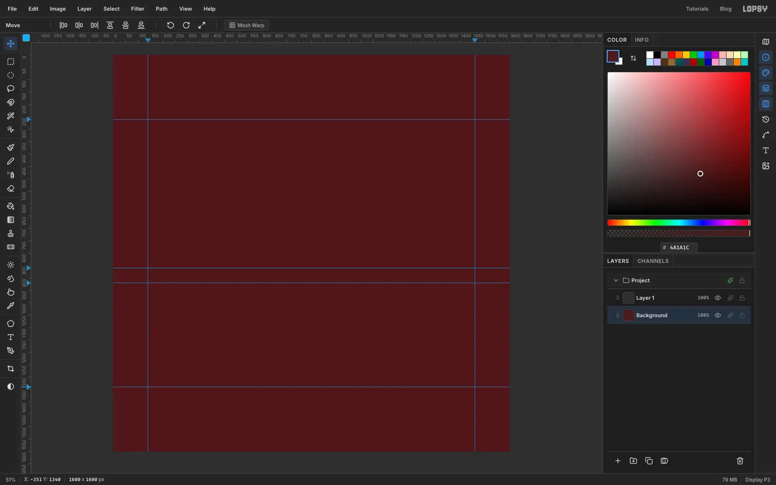 The canvas filled with dark oxblood red, with two vertical guides near the left and right edges and four horizontal guides