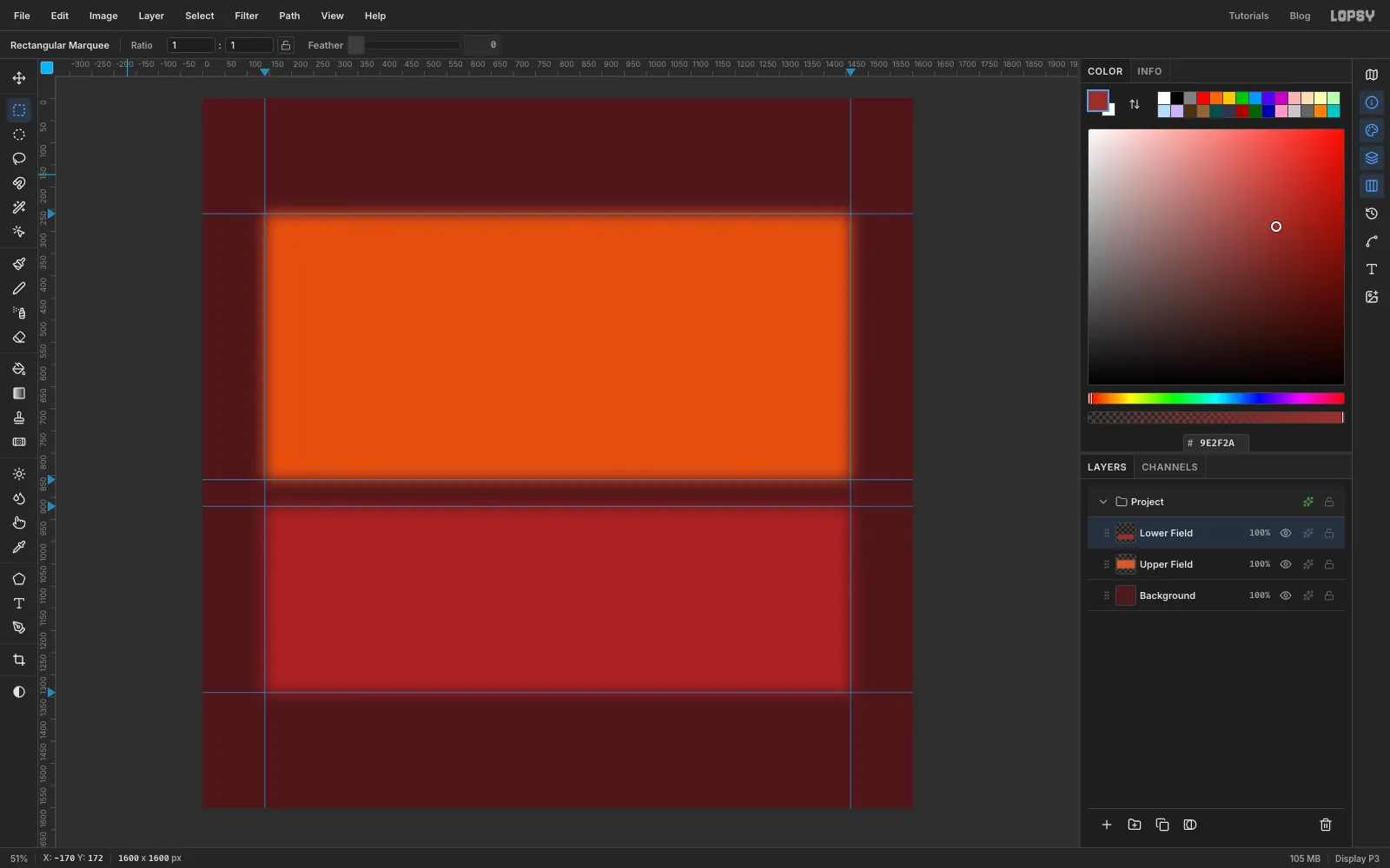 Two soft-edged fields on the oxblood ground, orange on top and crimson below, with a dark gap between them