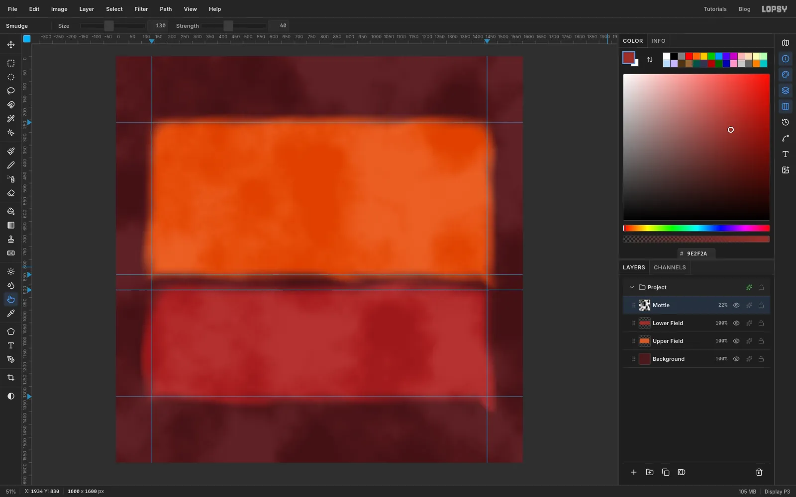 Orange and crimson fields with soft blotchy light and dark patches, like thin washes of stain