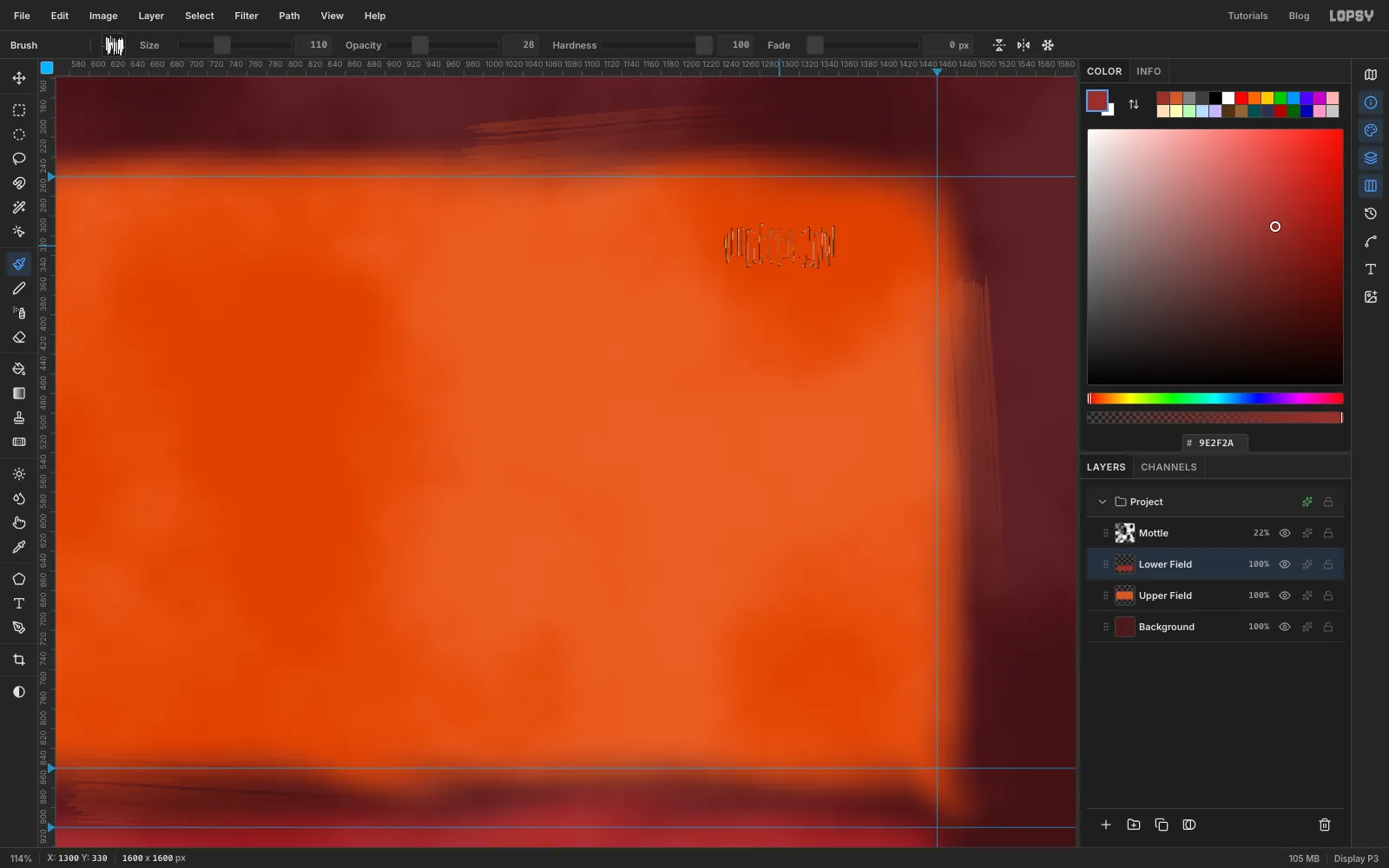 A close-up of the orange field's top-right corner with faint dry streaks of orange dragged out over the dark ground