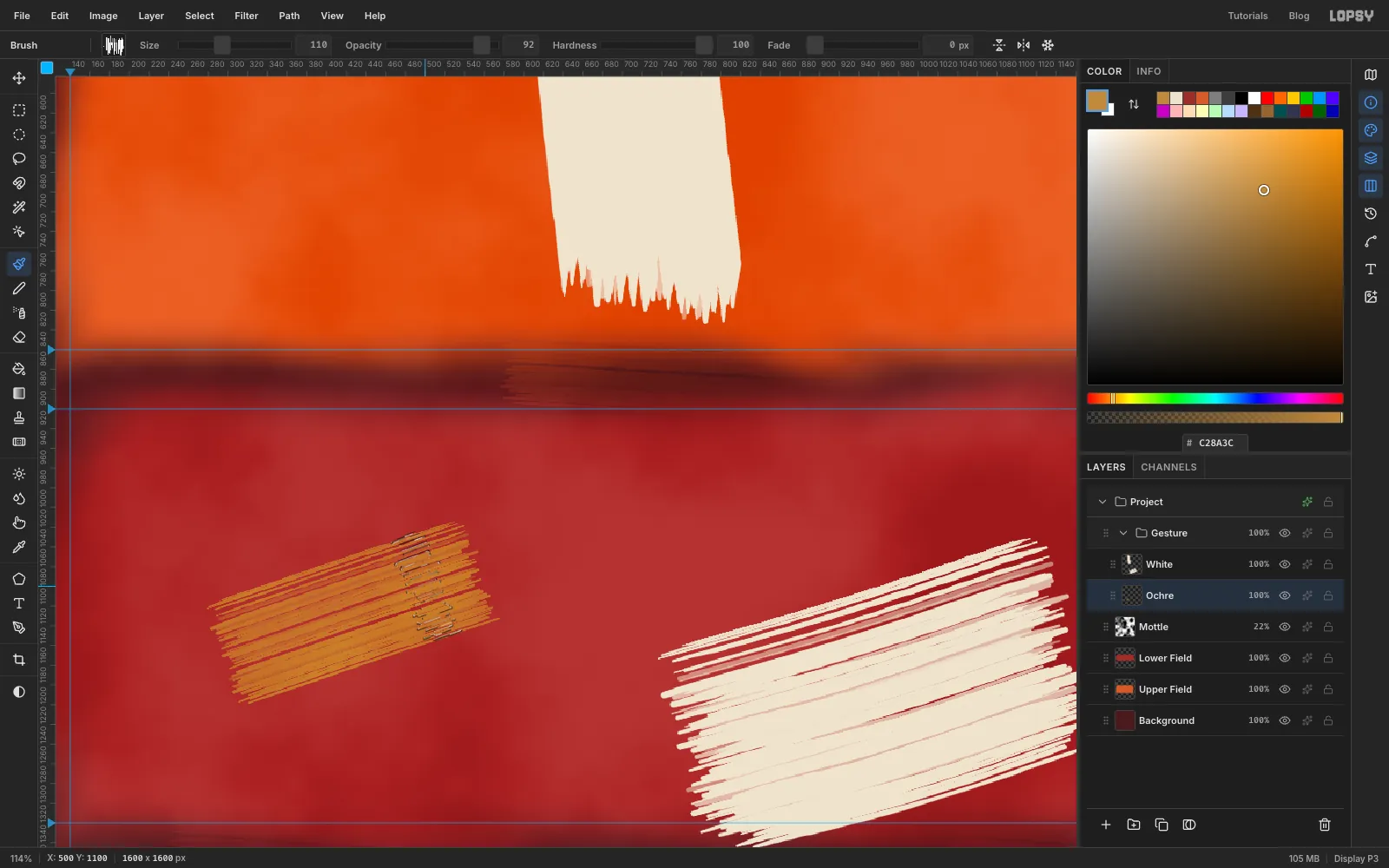 A short, streaky ochre stroke in the left third of the crimson field, broken up by grain