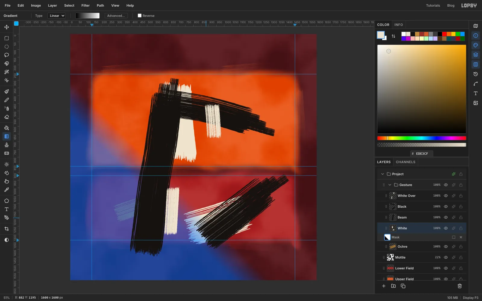 The canvas in mask edit mode, with a blue overlay covering everything below and left of a short diagonal gradient, including the lower cream band's left tip