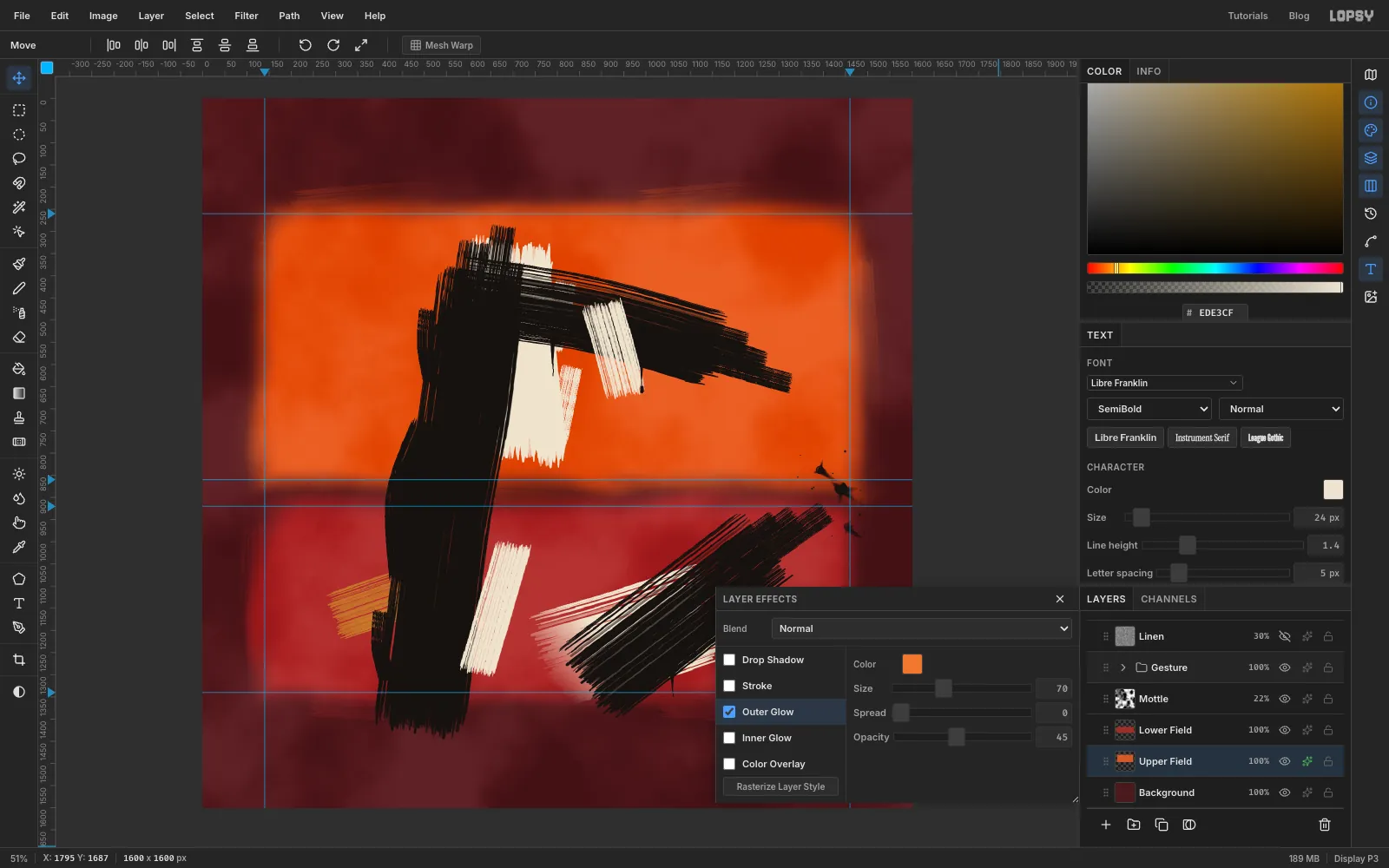 The Outer Glow settings for Upper Field: an orange colour, Size 70, Spread 0 and Opacity 45, giving the field a warm halo