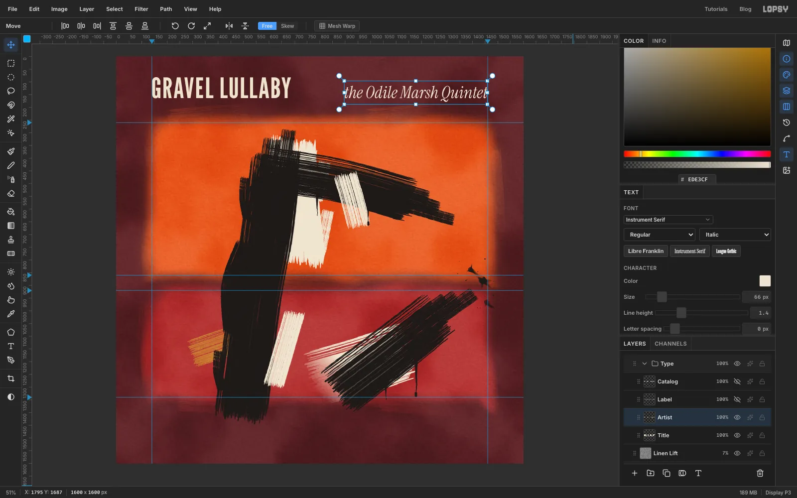GRAVEL LULLABY in tall condensed cream capitals at top left and "the Odile Marsh Quintet" in cream italic serif at top right, sharing one baseline, with the Text panel showing Instrument Serif Italic at 66 px