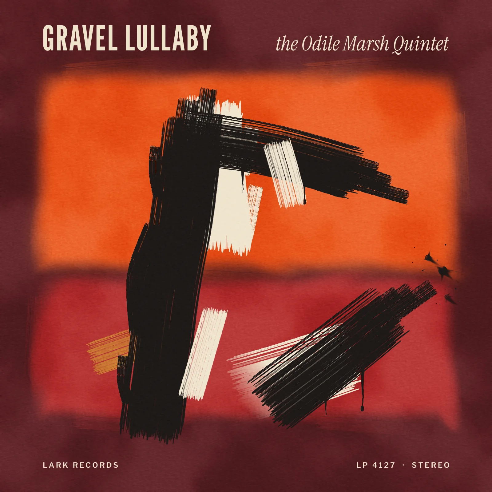 The finished Gravel Lullaby album cover, a leaning black brush beam with an arm and a counter-diagonal over a glowing orange field and a crimson field on an oxblood ground, cream scumbles, short drips, and cream type at top and bottom