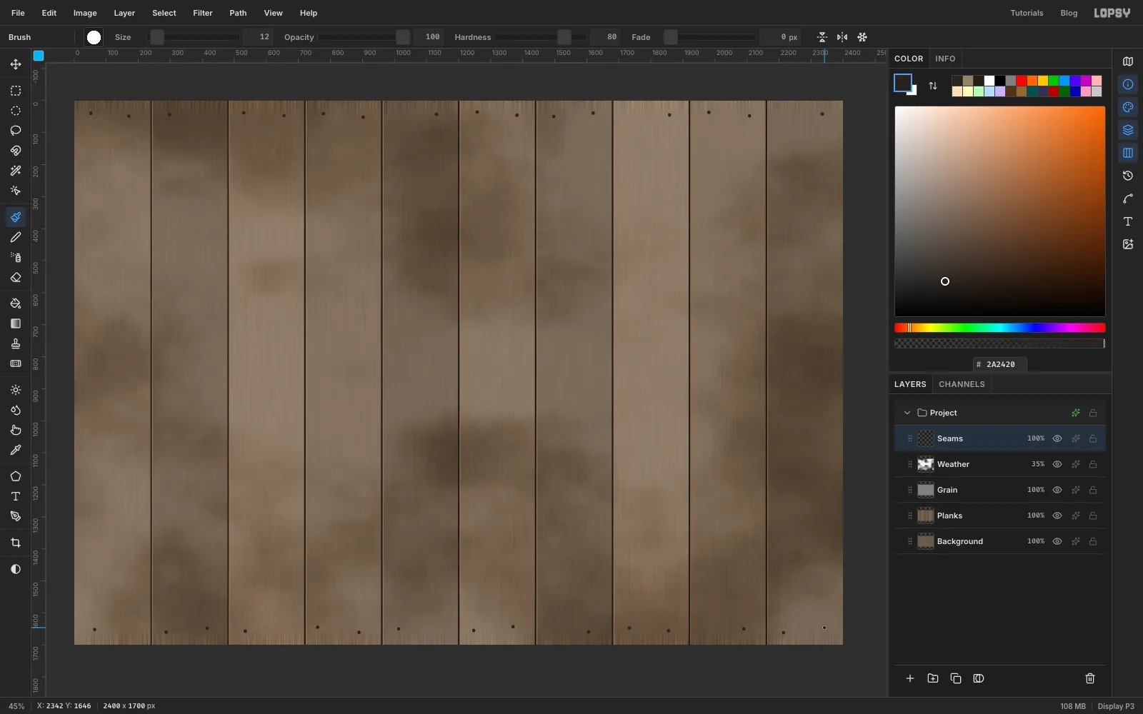 Dark seams with a thin lit edge between the planks, and nail heads along the top and bottom