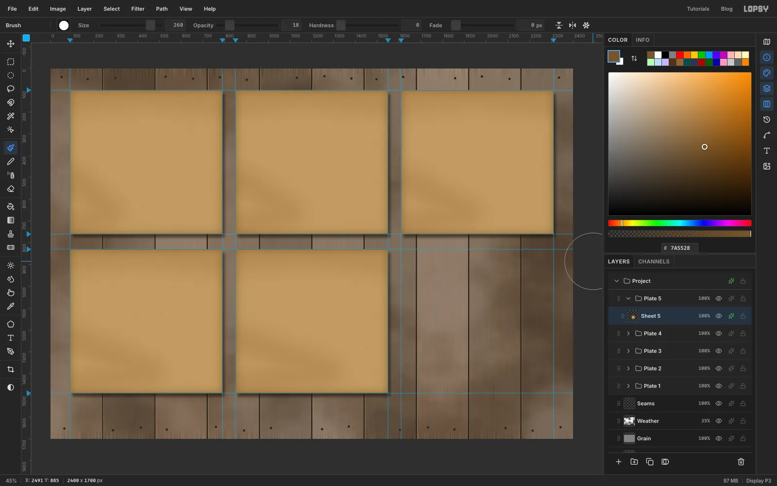 Five manila sheets in the grid, with the sixth cell still empty