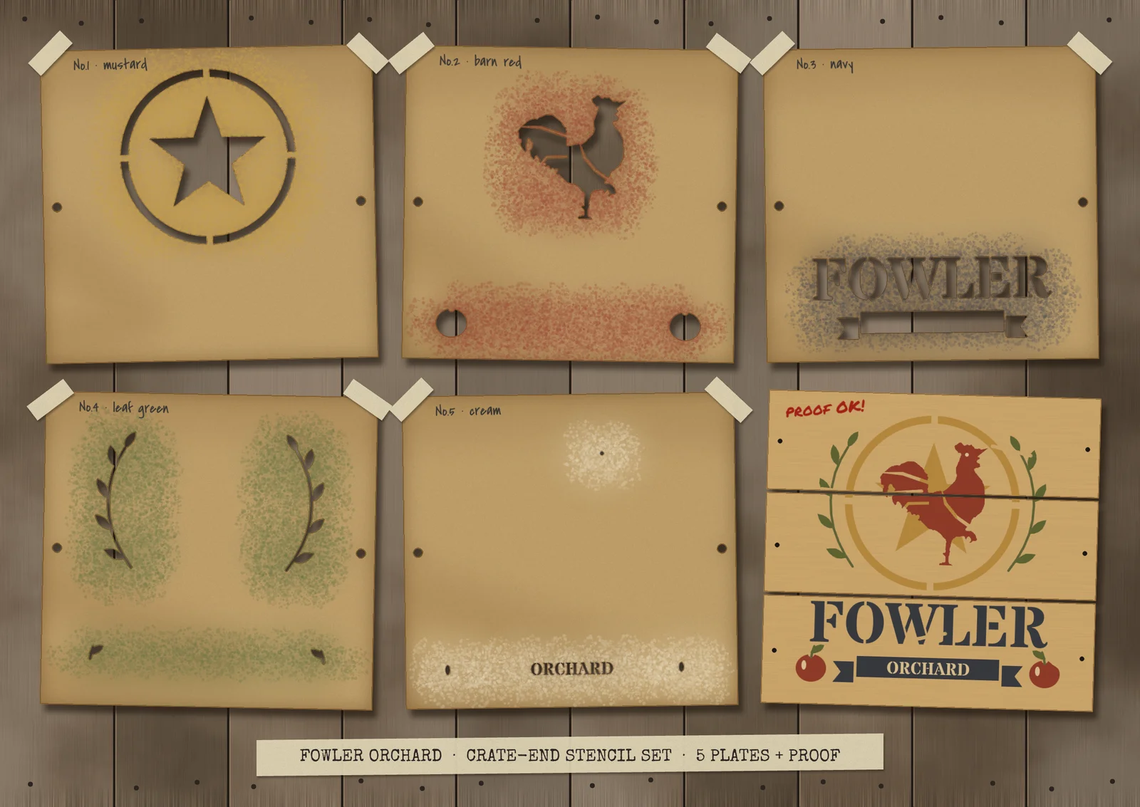 The finished Fowler Orchard crate stencil set. On a weathered brown barn-board wall, five tan oiled-manila stencil plates hang slightly askew, taped at the top corners and labelled in pencil. Plate 1 has a cut-out barn star in a ring with mustard overspray, plate 2 a cut-out rooster and two apples misted barn red, plate 3 the word FOWLER over a ribbon misted navy, plate 4 two laurel sprigs and apple leaves misted green, and plate 5 the word ORCHARD and small highlight holes misted cream. The sixth cell is a nailed pine crate end sprayed with all five colours: a red rooster on a mustard star inside a ring, green laurels, navy FOWLER, a navy ribbon reading ORCHARD in cream, and two red apples, with a red marker note reading PROOF OK. A typed masking-tape title reads FOWLER ORCHARD, CRATE-END STENCIL SET, 5 PLATES + PROOF
