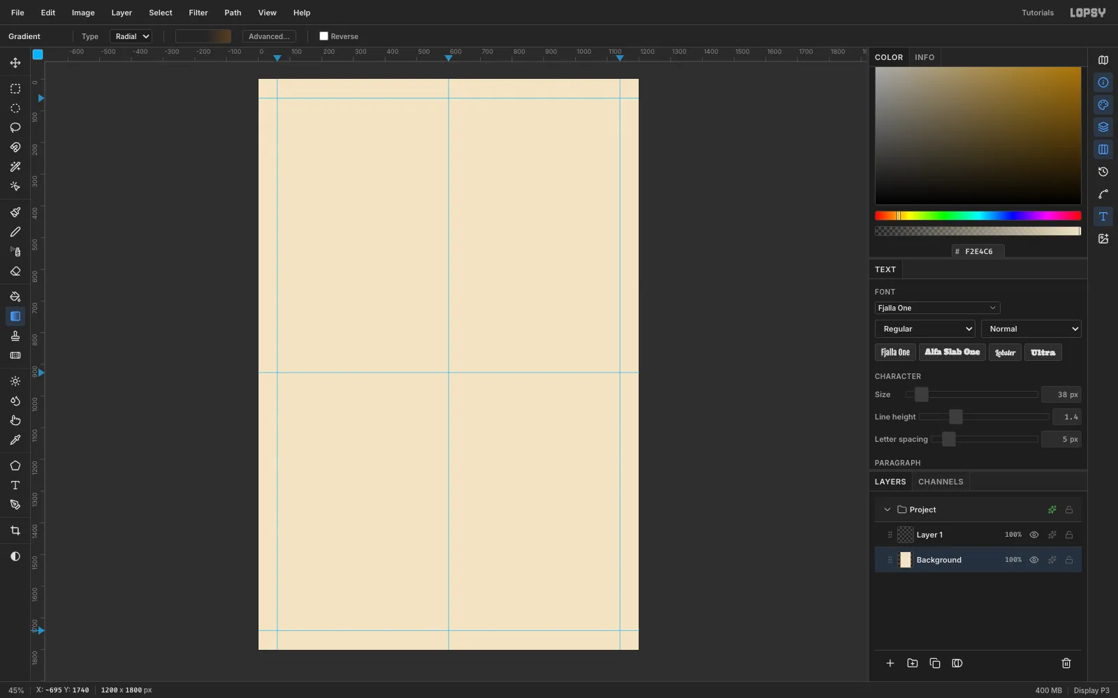 A blank cream 1200 by 1800 document with blue guides at 60, 600 and 1140 across and at 60, 926 and 1740 down