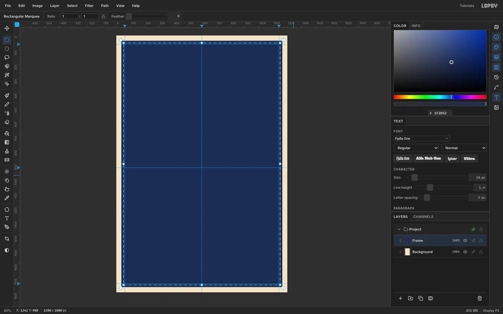 A navy rectangle filling the page with a marching-ants selection shrunk 14 pixels inside it