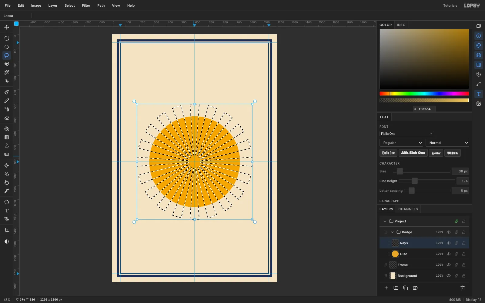 A single 20-point star lasso selection radiating from the badge centre over a mustard disc