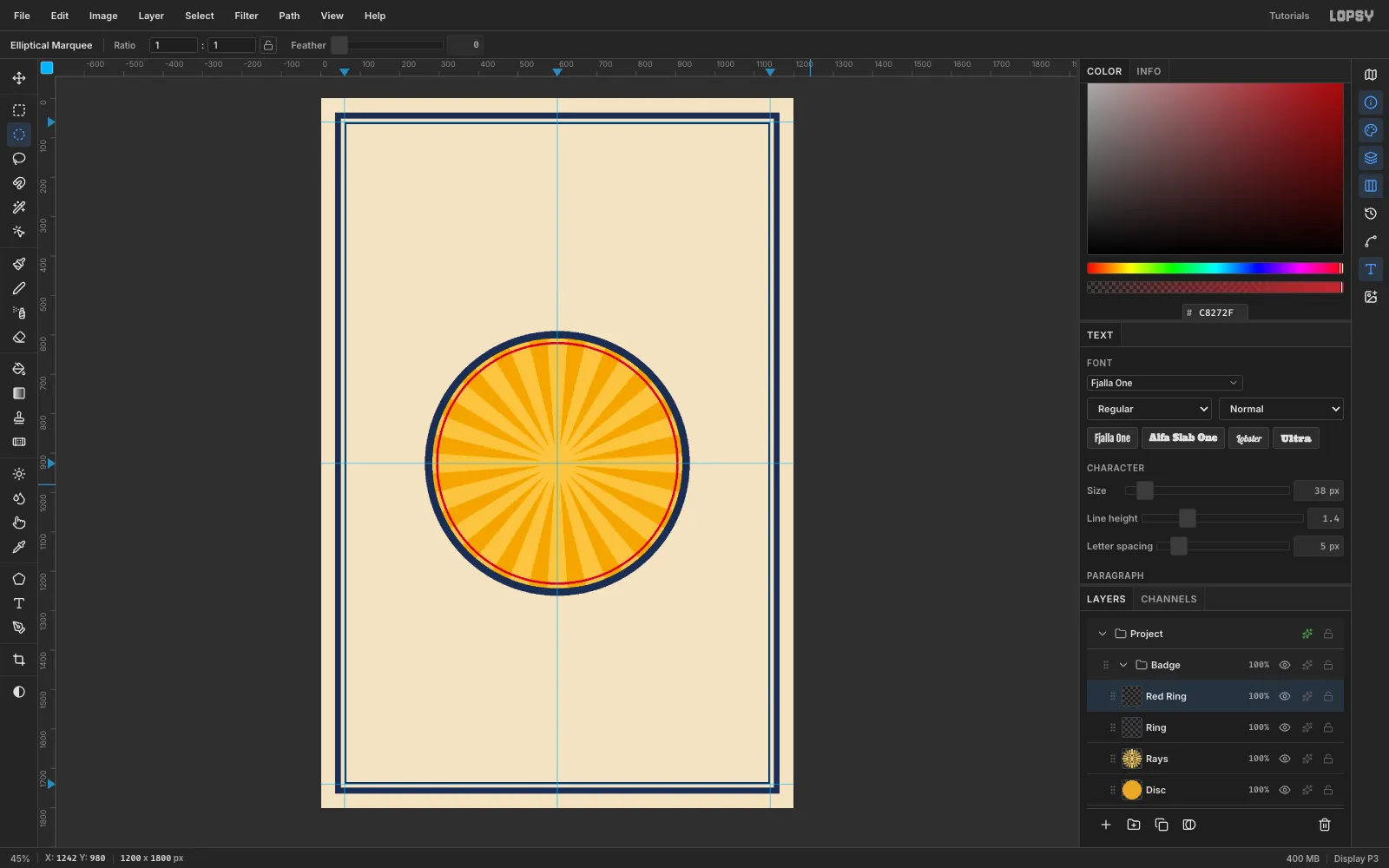 The sunburst clipped to a circle inside a thick navy ring with a thin red inner ring
