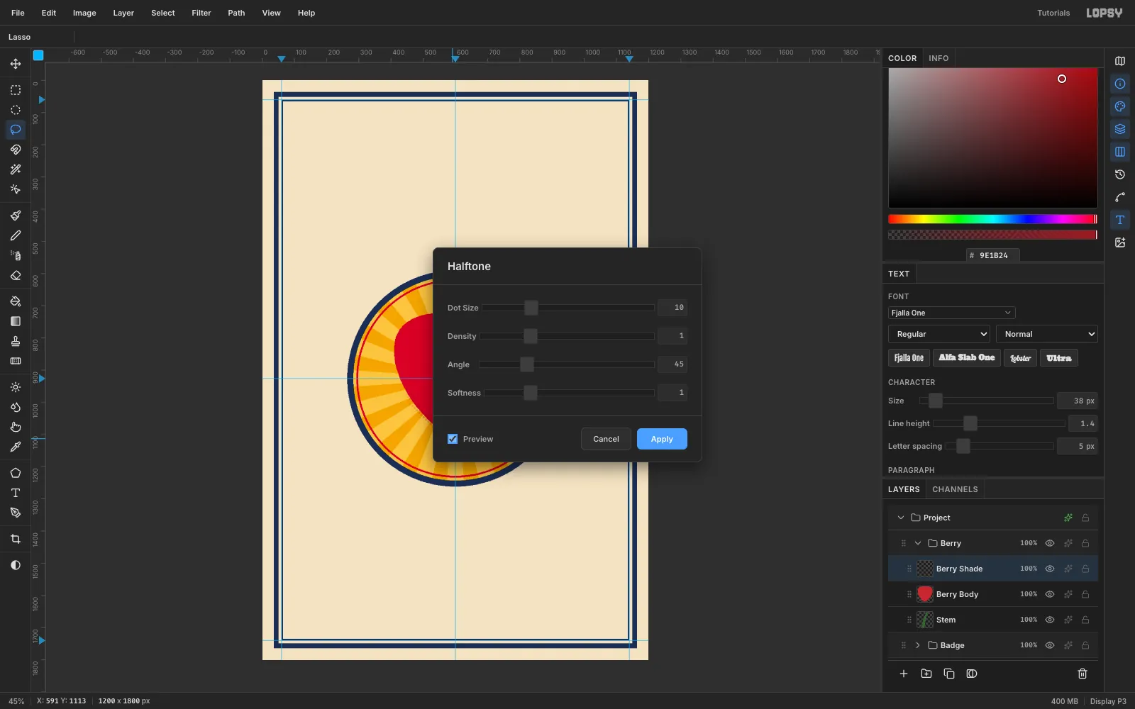 The Halftone dialog open with Preview on, turning a blurred dark-red crescent into dots on the berry's lower right
