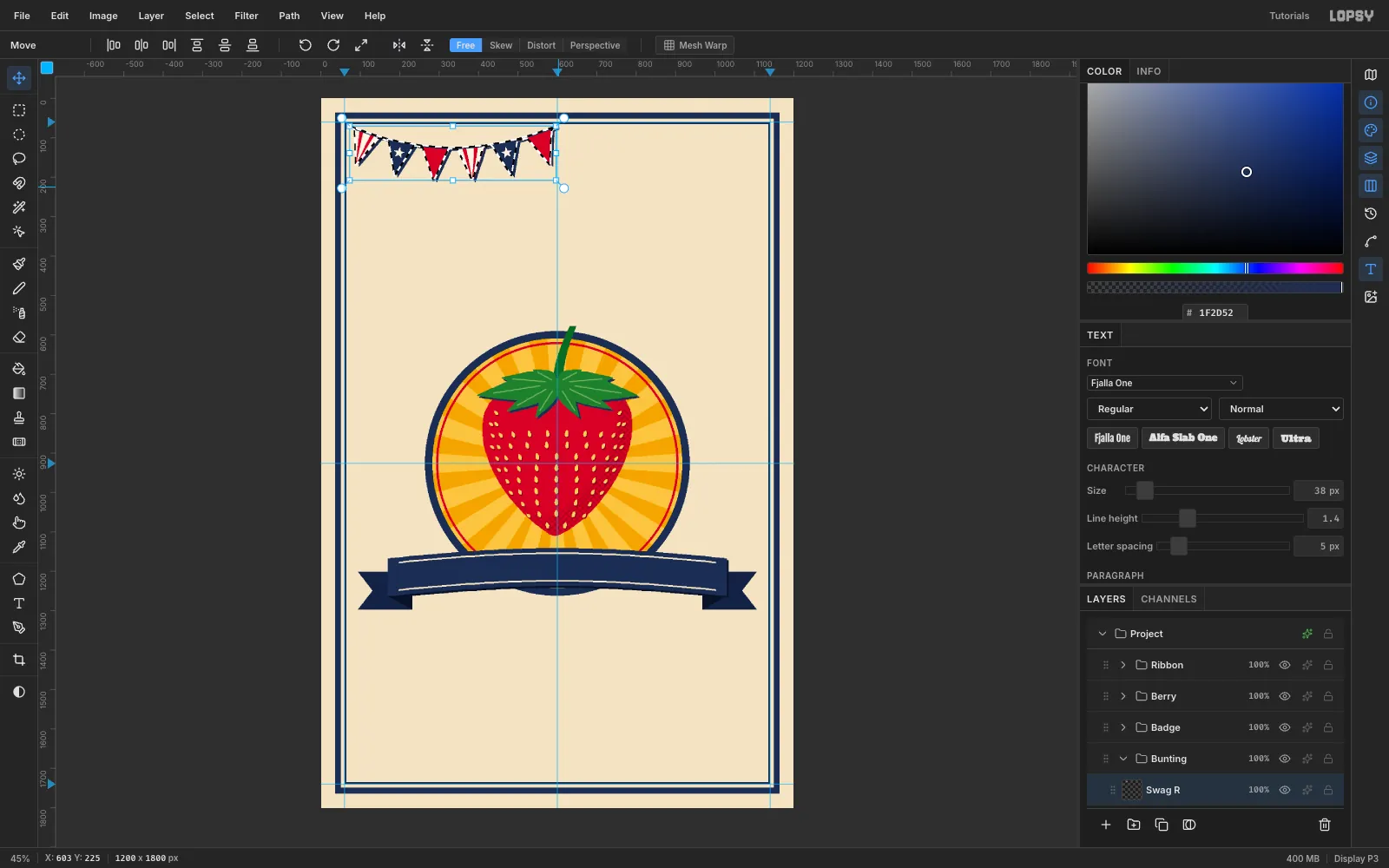 The pasted copy of the bunting inside a marquee with transform handles, mirrored by the Move tool's Flip Horizontal button