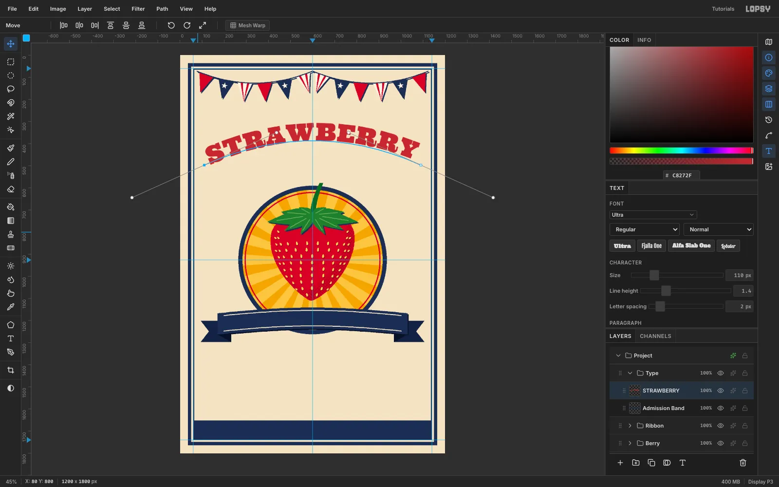 STRAWBERRY in red Ultra capitals following a blue arched pen path across the top of the page