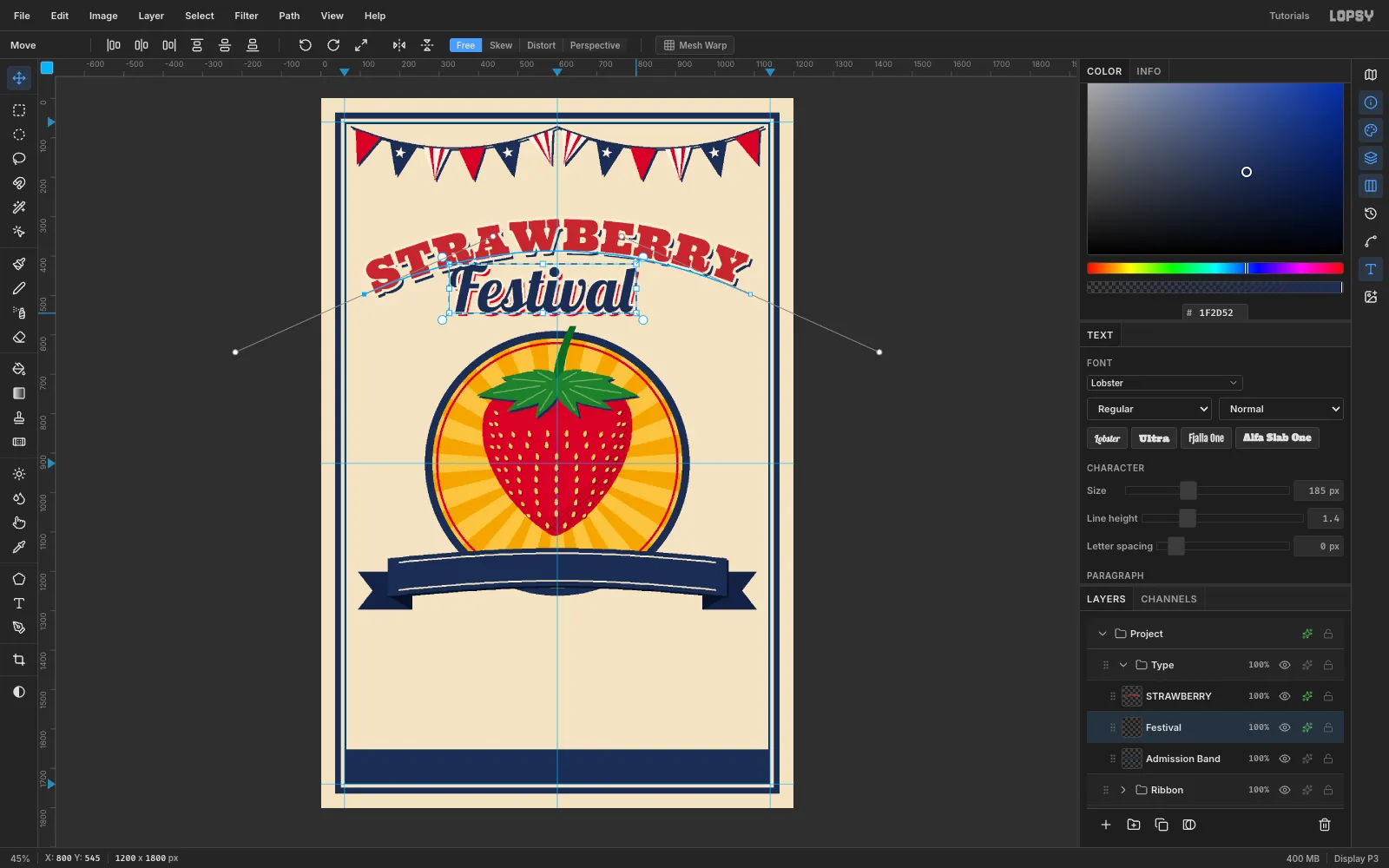 Festival in navy Lobster script inside a marquee, being scaled down from its corner handle