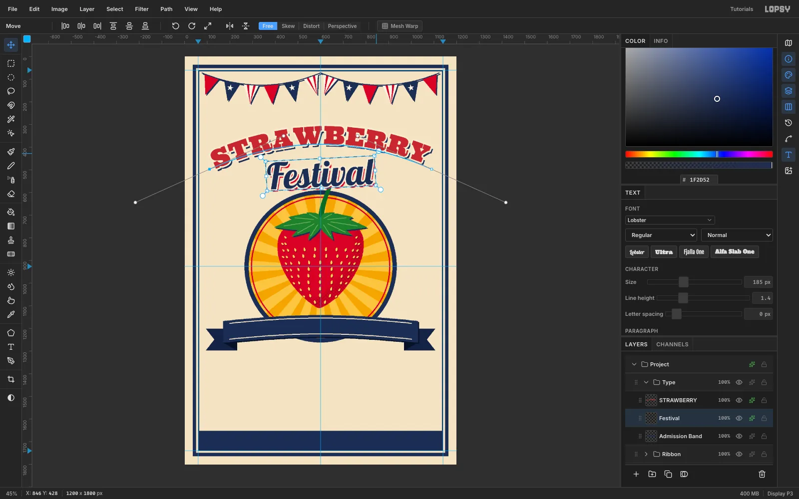The Festival script inside a rotated transform box, tilted three degrees up to the right