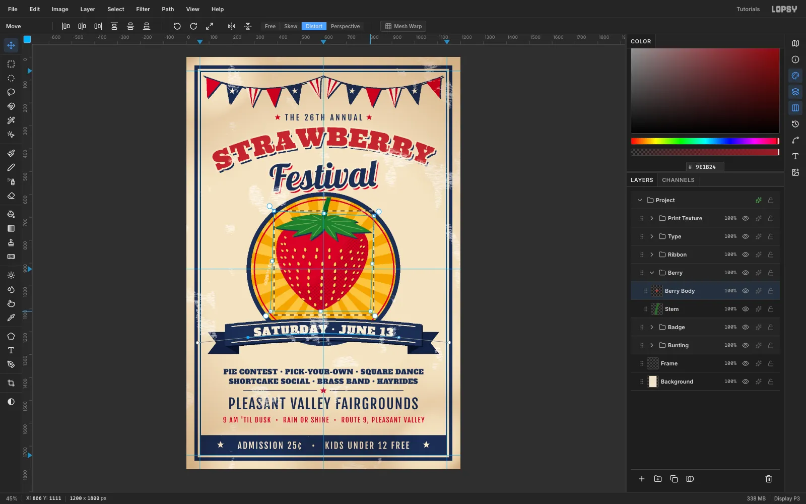 The merged berry in a Distort transform box with the top-right corner lowered and both bottom corners pulled left