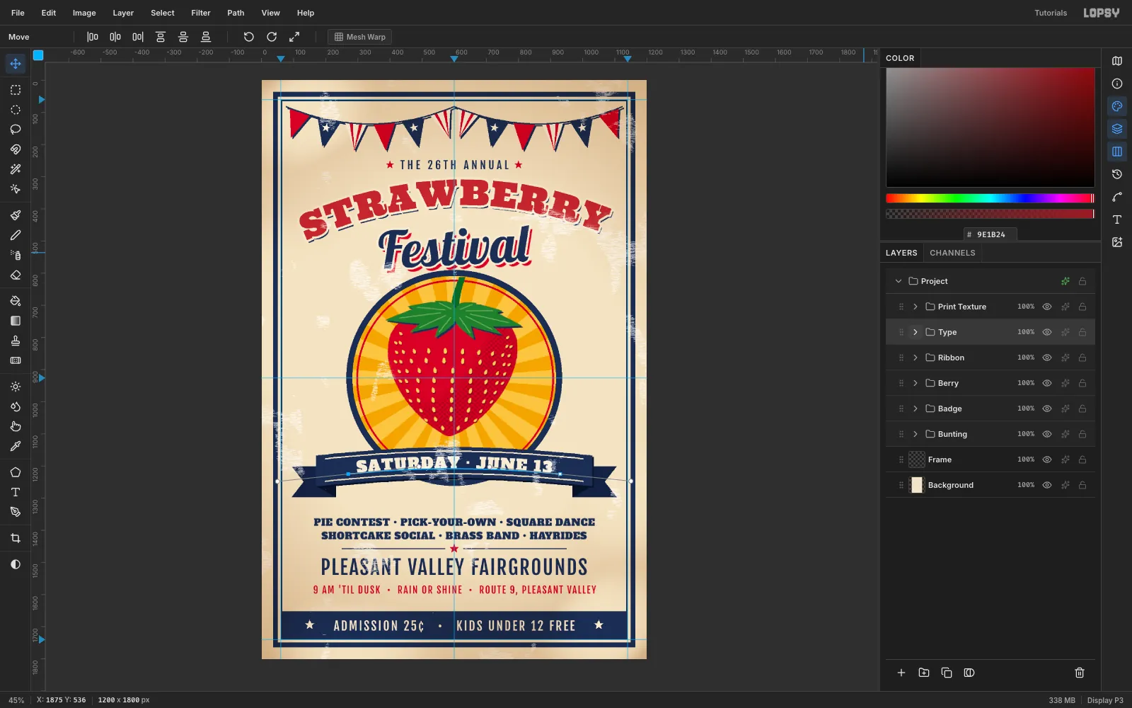 A close view of STRAWBERRY where the red letters sit a few pixels off their navy shadow, leaving a thin cream sliver