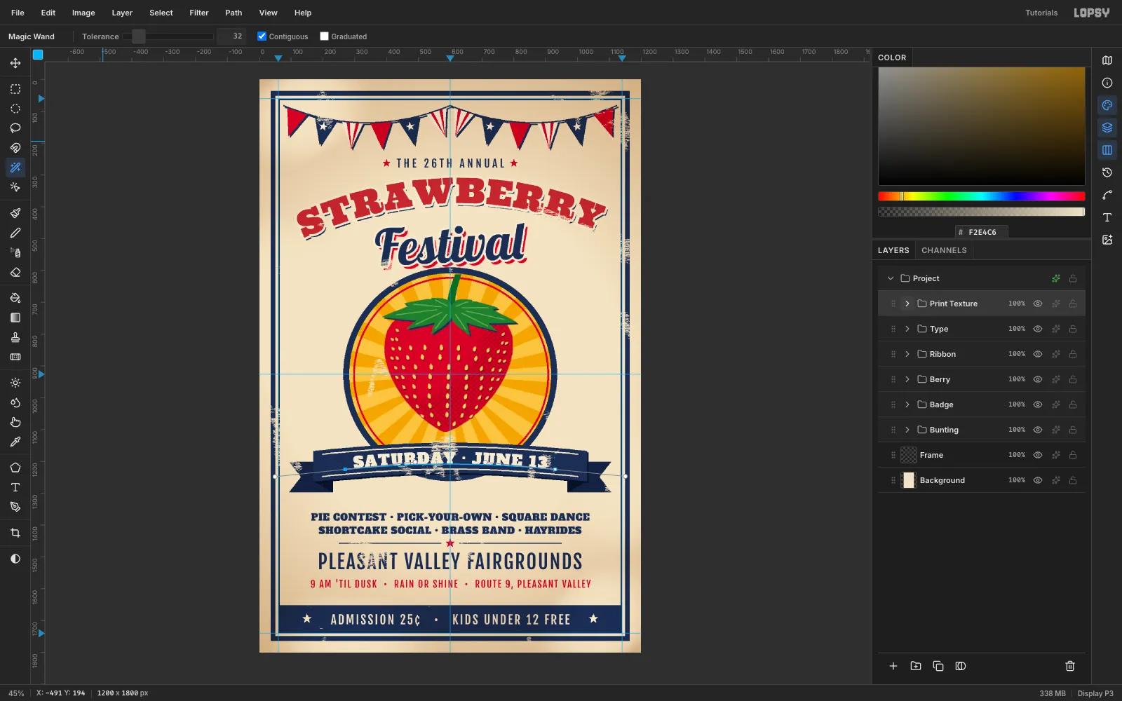 The flier with cream specks and streaks only on the navy, red and mustard inks, and clean paper elsewhere