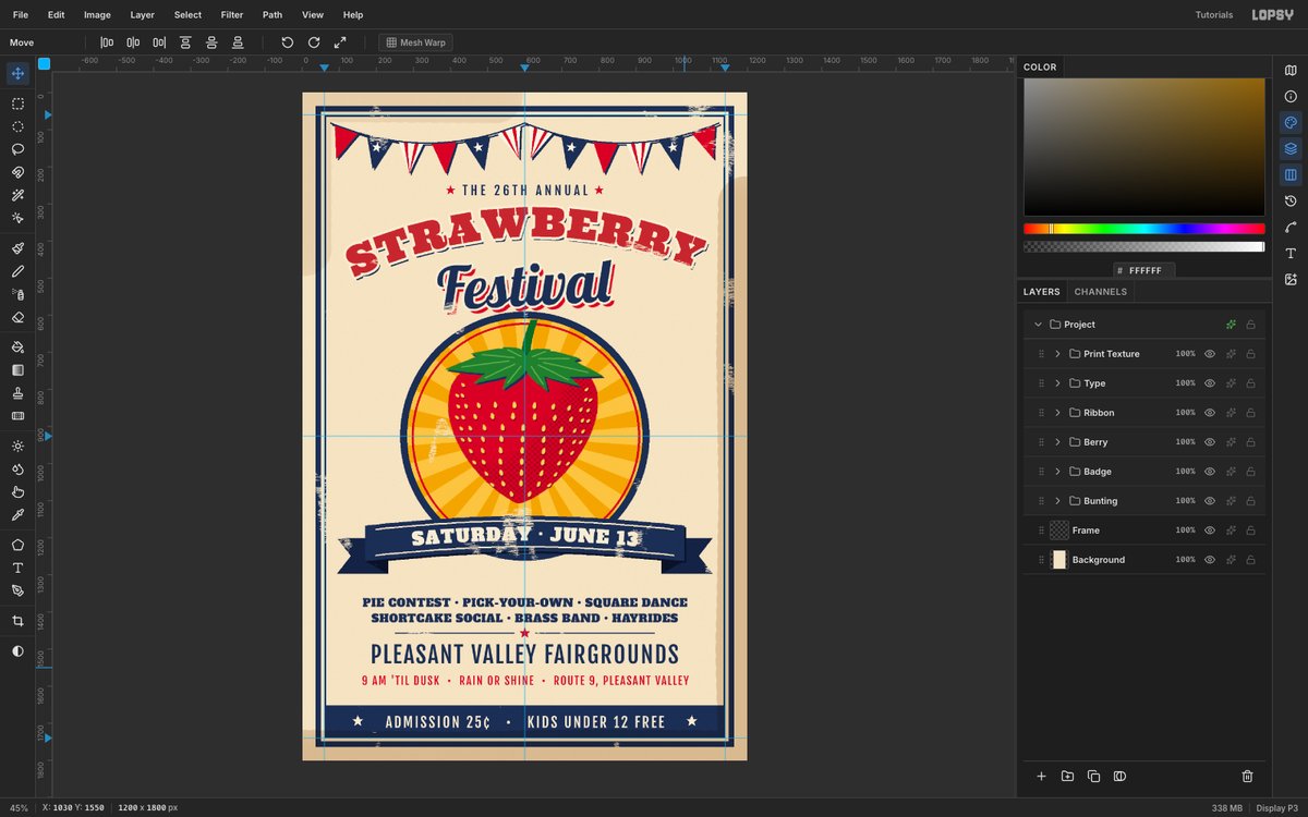 Lopsy with the finished Strawberry Festival flier on the canvas and its Print Texture, Type, Ribbon, Berry, Badge and Bunting groups in the Layers panel