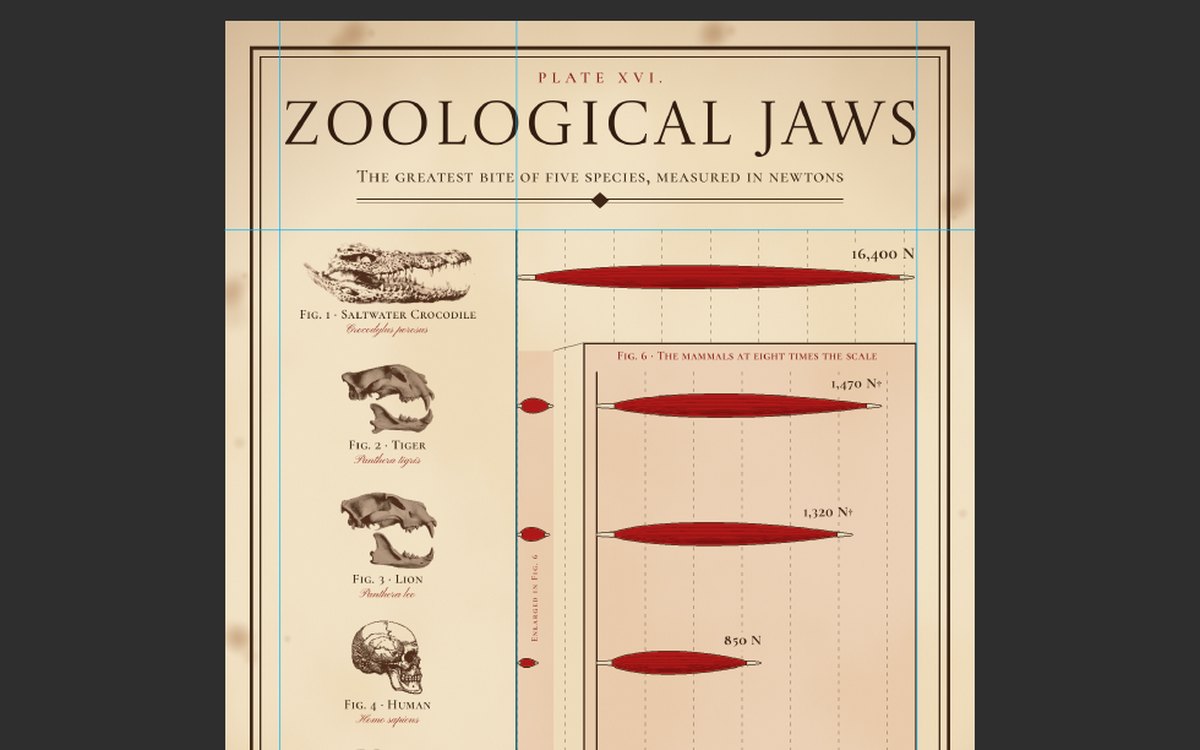 Lopsy at fit-to-screen zoom showing the Zoological Jaws plate, with sepia skull engravings in the left column, red muscle-shaped bars and the Fig. 6 enlarged inset, and blue ruler guides over the cream paper