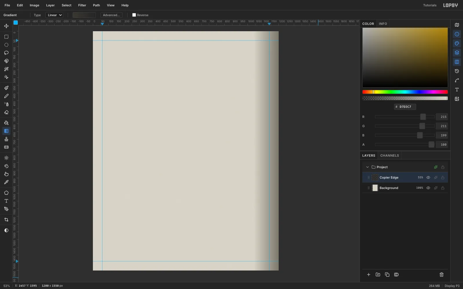A blank 1200 by 1550 cover filled with warm grey paper, a soft dark scanner-lid shadow on the right edge and four blue margin guides