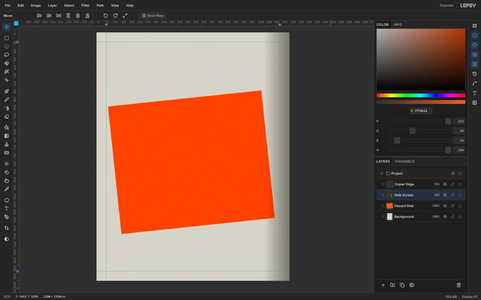 The orange slab now shows a fine grid of slightly darker orange dots