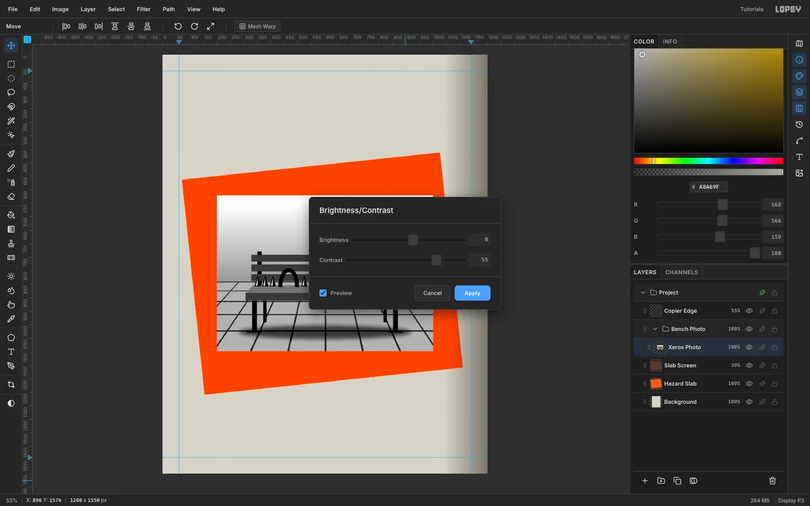 The Brightness/Contrast dialog over the photo, which is now black and white with a hard contrast