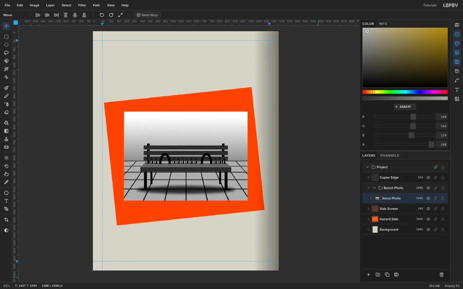 The bench photo covered in a visible dot screen and grain, looking like a cheap xerox
