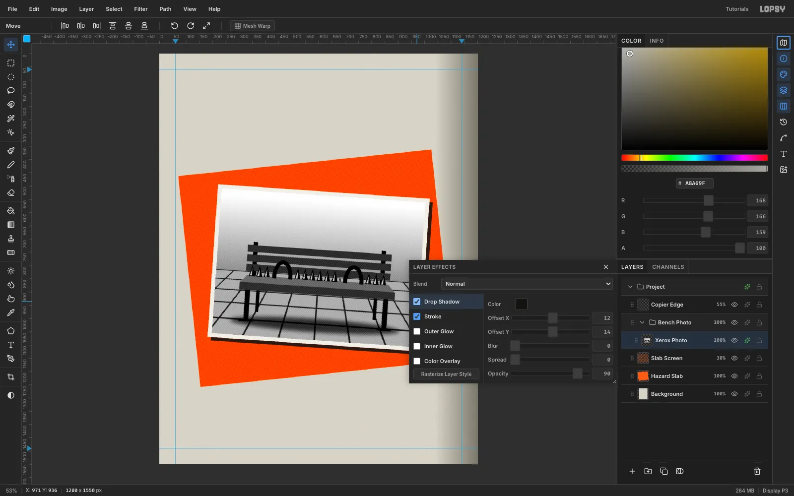 The layer effects drawer open on the photo with a cream inside stroke and a hard black drop shadow