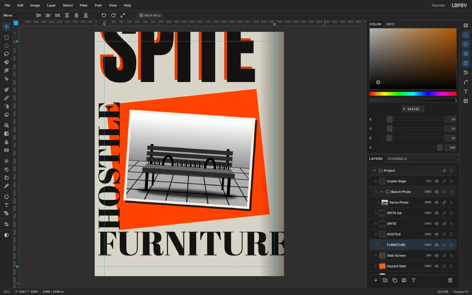 FURNITURE set across the bottom in Abril Fatface, starting under HOSTILE and sliced by the right edge of the page