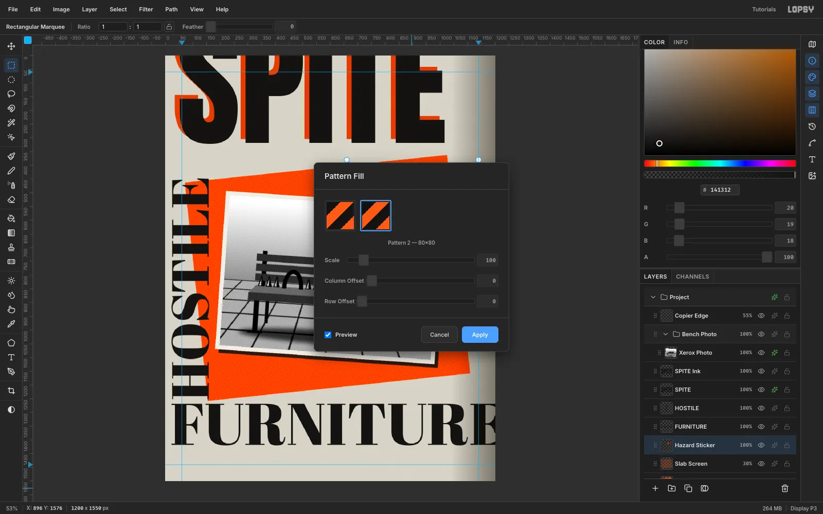 The Fill with Pattern dialog showing an 80 by 80 black and orange diagonal stripe tile