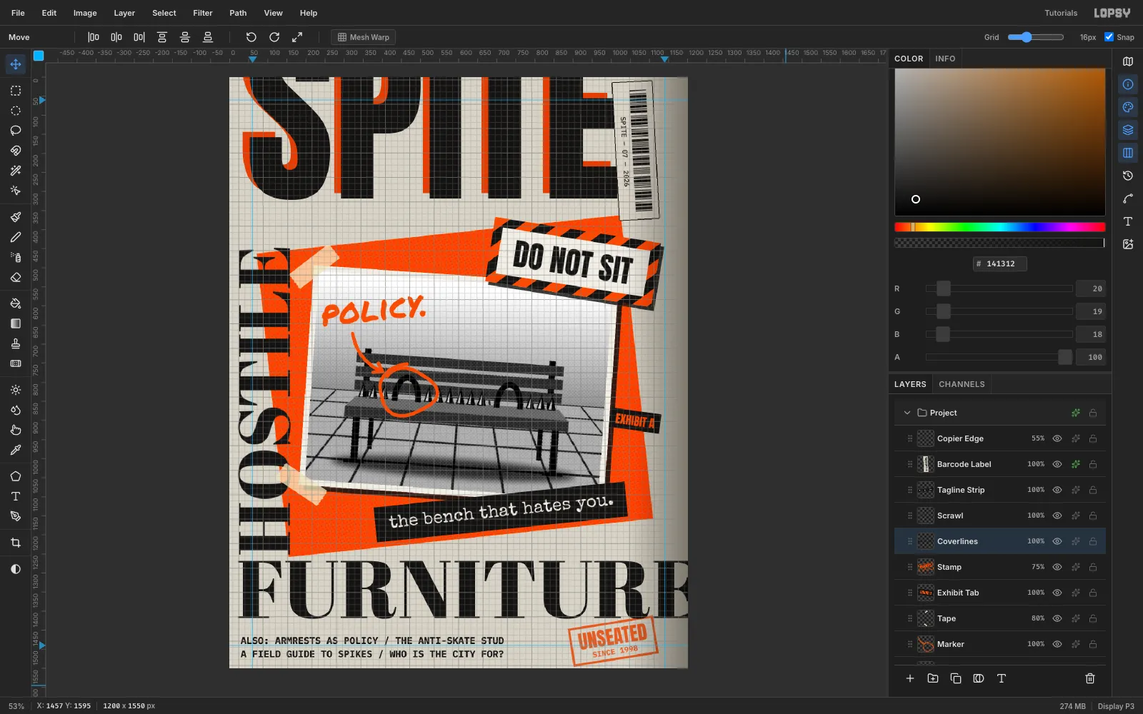 The canvas with the grid overlay turned on and two lines of bold mono coverlines at the bottom left