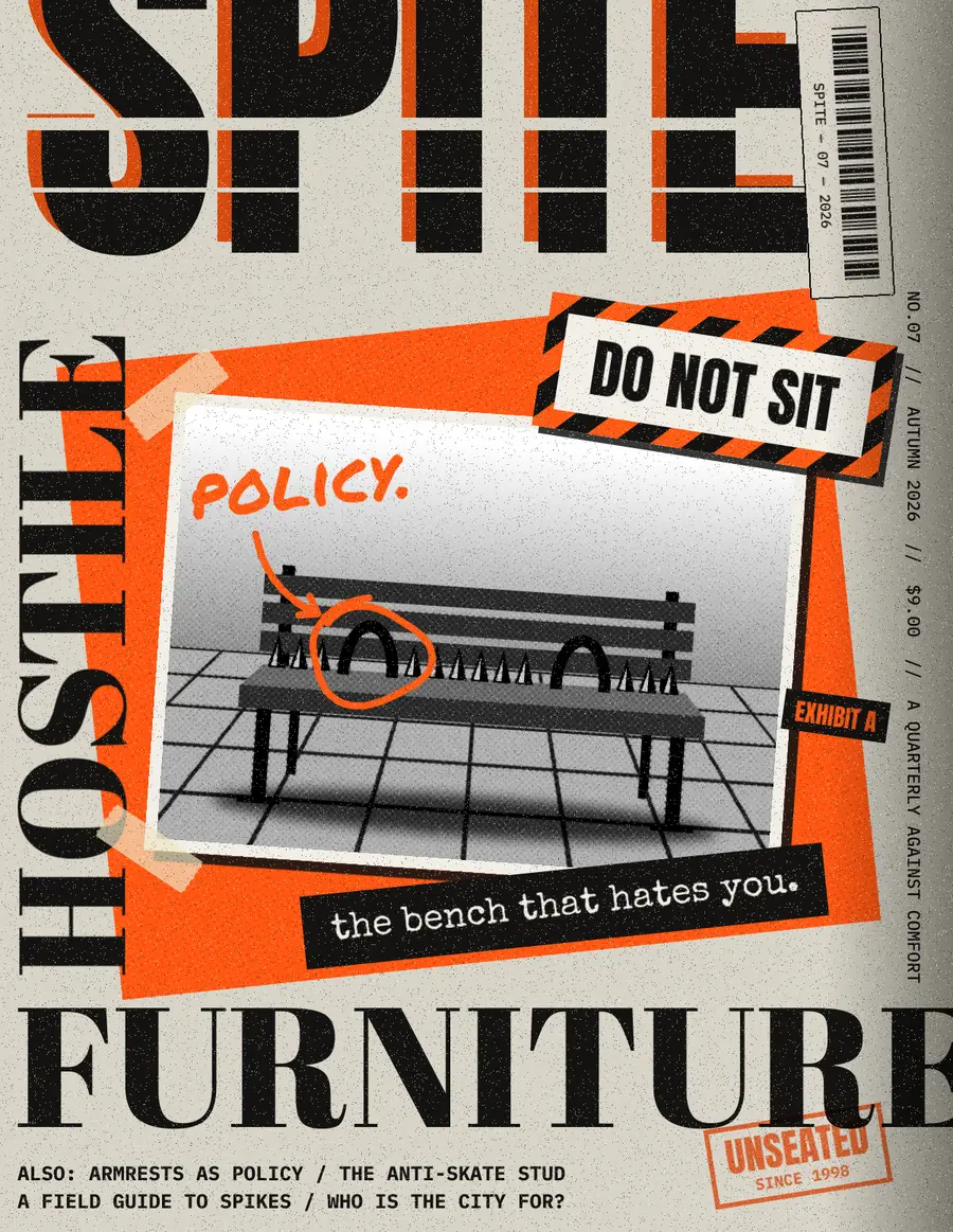 The finished SPITE issue 07 cover on photocopy-grey paper, with a sliced black masthead that has an orange misregistered ghost, a black-and-white halftone photo of a bench with spikes and hoop armrests circled in orange marker and labelled POLICY, a DO NOT SIT hazard-stripe sticker, the tagline "the bench that hates you.", HOSTILE set vertically and FURNITURE cut off by the right edge, a barcode label, an EXHIBIT A tab and an UNSEATED SINCE 1998 rubber stamp