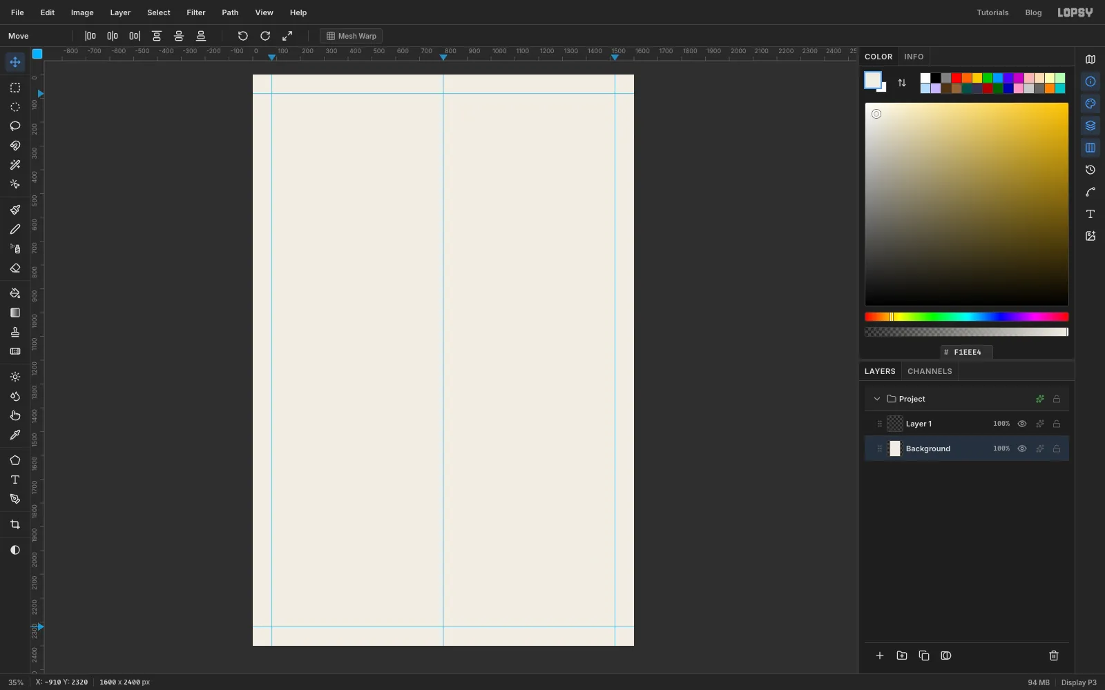 A blank 1600 by 2400 pixel canvas filled with warm off-white paper, with blue guides 80 px in from every edge and one down the centre