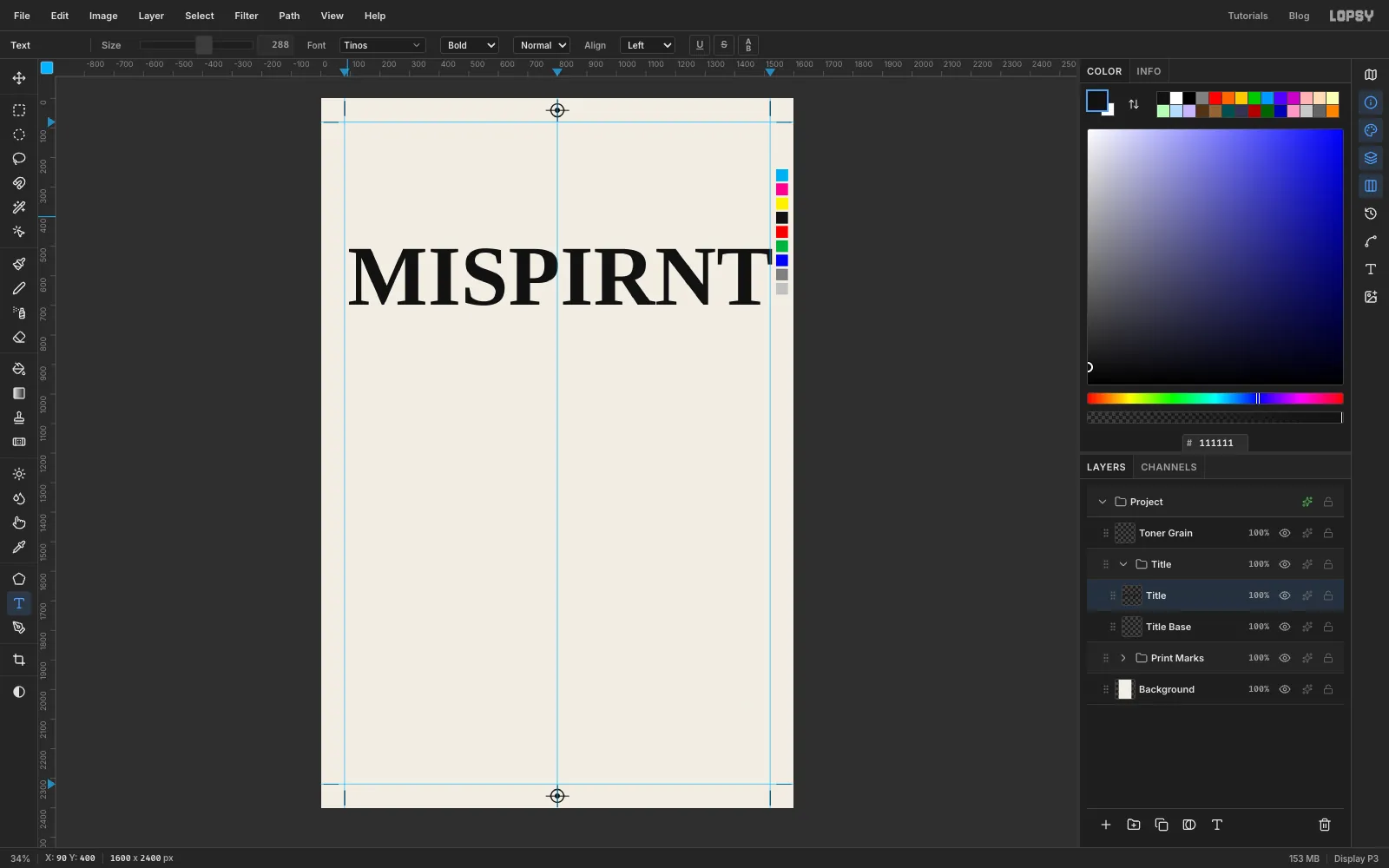 The word MISPIRNT in bold Tinos capitals across the top third of the page, still as live text