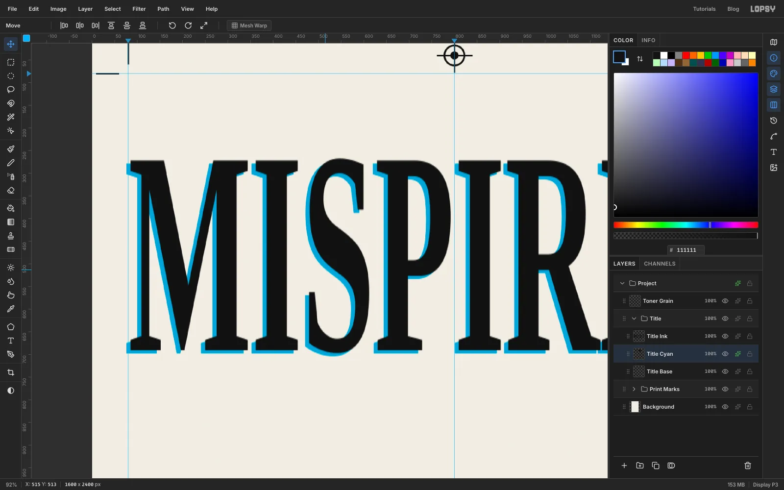 A close-up of the stretched title with a thin cyan copy peeking out below and to the left of every black letter